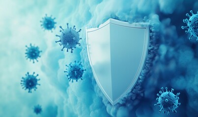 Poster - Virus protection shield against pathogens, digital illustration of immune defense concept, blue background with virus particles
