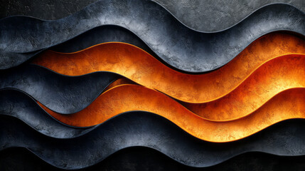 Poster - Concentric wave patterns: one set in dusty midnight-blue, the other in subdued saffron, layered on a jet-black backdrop,