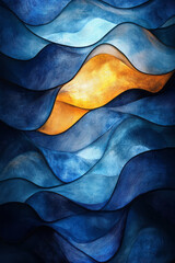 Poster - Rippling ribbons of Caribbean blue and pale yellow evoking a sense of oceanic calm, illuminated against pitch darkness,
