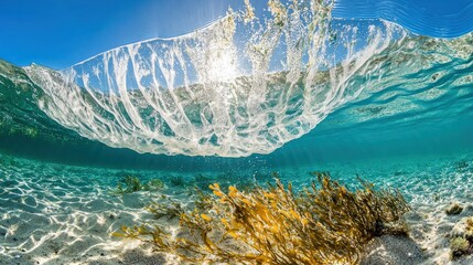 Poster - Underwater view of a wave breaking over vibrant seaweed on a sunny ocean floor.