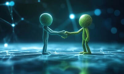 Poster - Digital handshake between blue and green wireframe figures symbolizing collaboration, connection, and technology in a networked environment