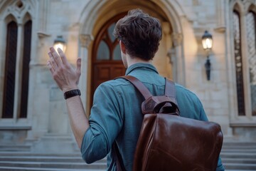 Aufkleber - A person wearing a blue shirt and carrying a brown backpack, possibly on an outdoor adventure