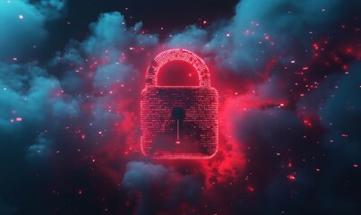 Poster - digital lock symbolizing cybersecurity, data protection, and encryption amidst glowing clouds and pa