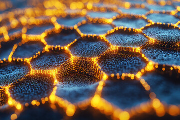 Poster - A partial honeycomb structure in glowing yellow, set diagonally on a deep ultramarine surface, suggestive of a futuristic data map,