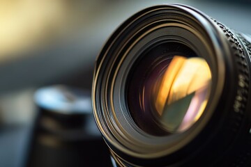 Poster - A close-up shot of a camera lens with a blurry background, ideal for photography-related concepts and designs