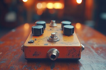 Poster - A guitar pedal sitting on a wooden table, perfect for music-related projects
