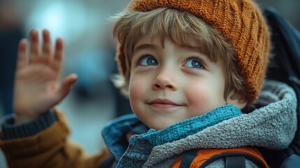 Poster - A young boy wears a hat and holds his hand up, looking curious and engaged