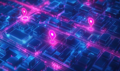 Poster - 3D city map with glowing neon markers and digital connections, showcasing urban landscape and technology integration