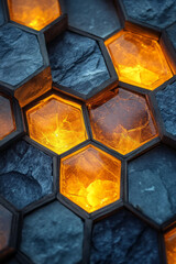Aufkleber - A multi-layered arrangement of luminous yellow hex rings, each ring fading into a subdued indigo corner,