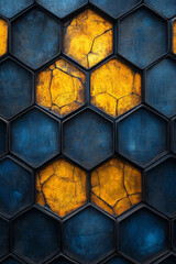Poster - A multi-layered arrangement of luminous yellow hex rings, each ring fading into a subdued indigo corner,