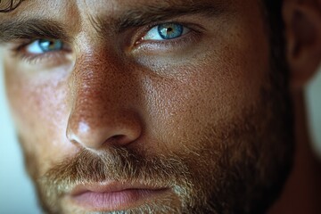 Poster - A close-up portrait of a man with striking blue eyes