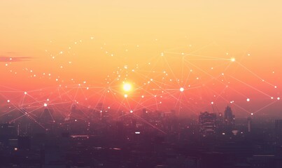 Poster - Digital network connections over city skyline at sunset, vibrant colors, abstract lines and nodes, technology concept, urban landscape, modern city