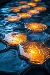 Aufkleber - A dynamic ripple of saffron hex tiles, each tileâ€™s edge softly illuminated, rising over a dark ultramarine field,