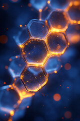 Aufkleber - A floating mesh of pale gold hex cells, each edge glowing faintly over a royal-blue void,