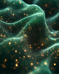 Fototapete - A gentle sine wave made of delicate hex edges, emerald highlights shimmering faintly against dark emptiness,