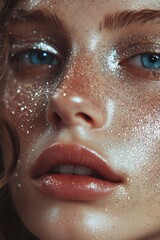 Poster - Close-up shot of a woman's face covered in glitter makeup, perfect for creative projects about glamour and sparkle