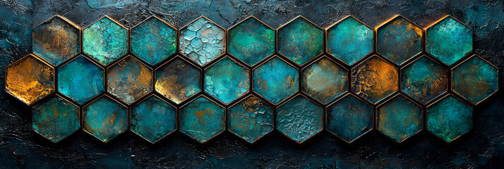 Poster - A gently pulsing wave of vibrant jade hex cells, each cell shimmering against a deep shadow,
