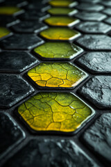 Poster - A softly contoured surface of hex tiles, each one lit by chartreuse edges, blending into a jet-black environment,