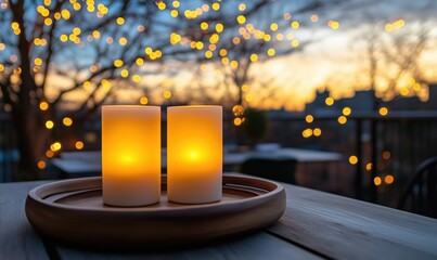 Wall Mural - Candlelight ambiance with glowing candles on wooden tray against a backdrop of twinkling fairy lights at sunset