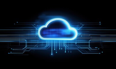 Poster - Digital cloud technology with glowing blue lines and circuit patterns representing data transfer and connectivity