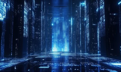 Poster - Futuristic digital cityscape with glowing blue data streams and towering skyscrapers, representing advanced technology and cybernetic environments
