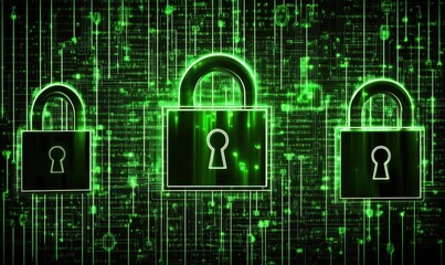 Poster - digital security locks on green data background, representing cybersecurity, encryption, and data pr