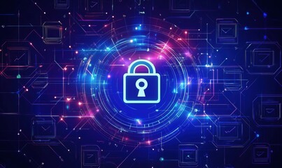 Poster - digital security lock symbol surrounded by vibrant glowing circuits and data patterns, representing 