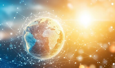 Poster - Global Network Visualization with Earth, Digital Connections, Bright Sunlight, Abstract Technology Background