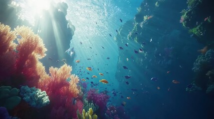 Wall Mural - Vibrant coral reef teeming with colorful fish, sunlit underwater scene.