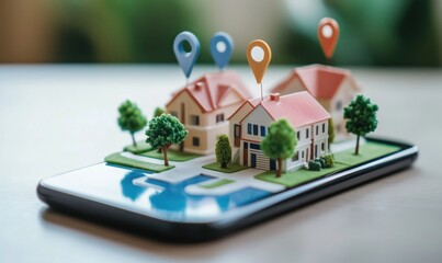 Poster - 3D Model Homes on Smartphone Display with Location Pins, Representing Real Estate Technology and Virtual Property Tours