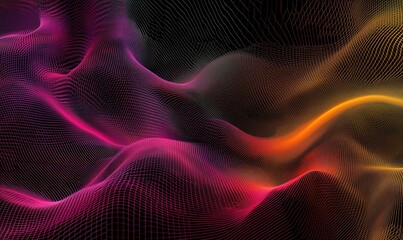 Poster - Abstract digital waveforms in vibrant pink, purple, and orange colors with intricate mesh grid patterns creating a dynamic visual experience