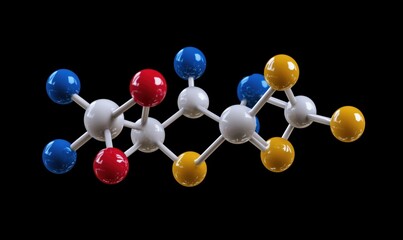 Poster - Molecular Structure Representation with Colorful Atoms and Bonds, Featuring Red, Blue, Yellow, and White Spheres