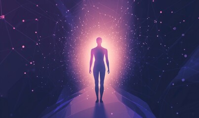 Poster - Ethereal figure walking towards radiant light in a cosmic pathway, surrounded by abstract digital connections and glowing particles