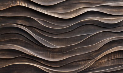 Poster - Textured wooden wall with flowing wave patterns, showcasing intricate craftsmanship and natural beauty