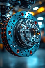 Poster - A close-up shot of a machine's front wheel, great for use in mechanical or industrial contexts