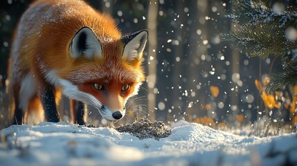 red fox hunting in snowy winter forest