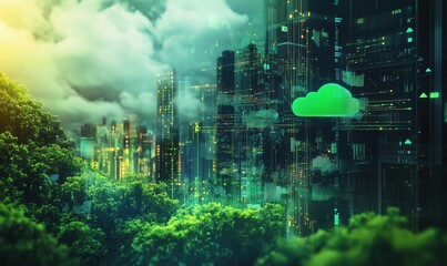 Poster - Futuristic cityscape with digital cloud technology, lush greenery, and vibrant urban architecture, showcasing integration of nature and technology