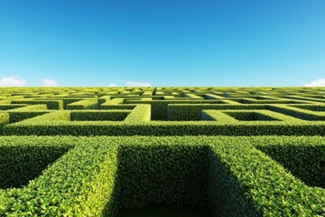 vast green hedge maze under clear blue sky on a sunny day