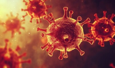 Poster - Microscopic view of virus particles showcasing intricate structure and detail, highlighting spikes and surface features