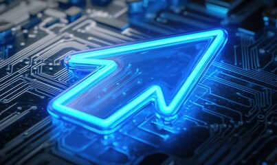 Poster - neon blue arrow symbolizing progress on a digital circuit board background, representing technology,
