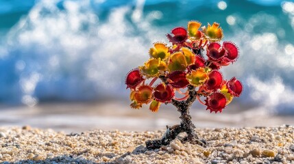 Wall Mural - Vibrant red and yellow succulent plant on sandy beach near ocean waves.