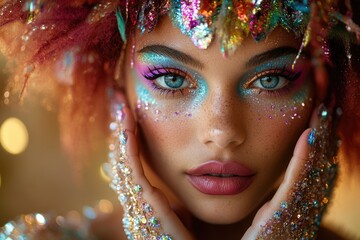 Poster - Close-up shot of a woman with glitter on her face, suitable for party or celebration scene