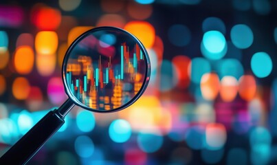 Poster - Magnifying glass focusing on stock market data with colorful bokeh background, representing analysis and investment insights