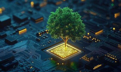 Poster - Tree Growing from Microchip Symbolizing Technology and Nature Integration, Futuristic Concept of Eco-Friendly Innovation