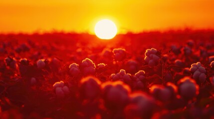 Poster - Vibrant sunset over a vast cotton field, showcasing fluffy white cotton bolls bathed in warm, golden light.