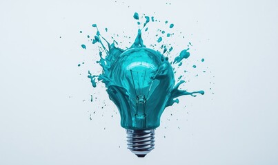 Poster - Vibrant turquoise light bulb splashing water, creative concept of innovation and ideas, artistic representation of energy and inspiration