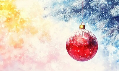 Poster - Red Christmas ornament hanging from snowy pine branch against colorful winter background, festive holiday decoration