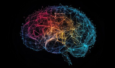 Poster - Neural Network Visualization, Abstract Brain Design with Colorful Connections, Digital Art Representation of Intelligence and Cognition