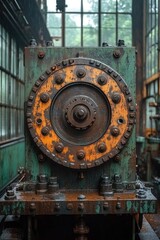 Poster - Old industrial machine with multiple windows in a factory setting, suitable for use in historical or nostalgic themed projects