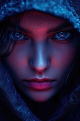 Poster - A close-up shot of a person's face with a hooded jacket on, suitable for use in portraits or street photography